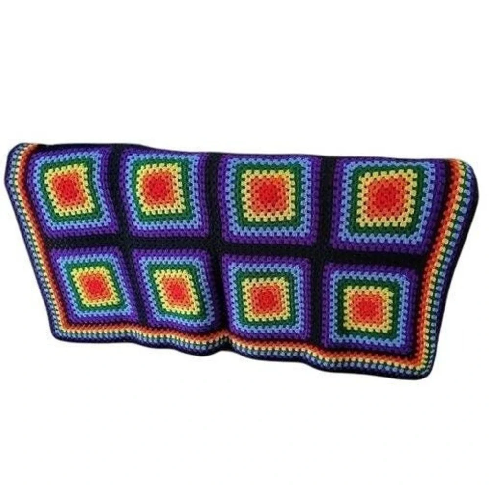 Vintage Colorful Crochet Blanket with Geometric Pattern Size 6X5 feet‎